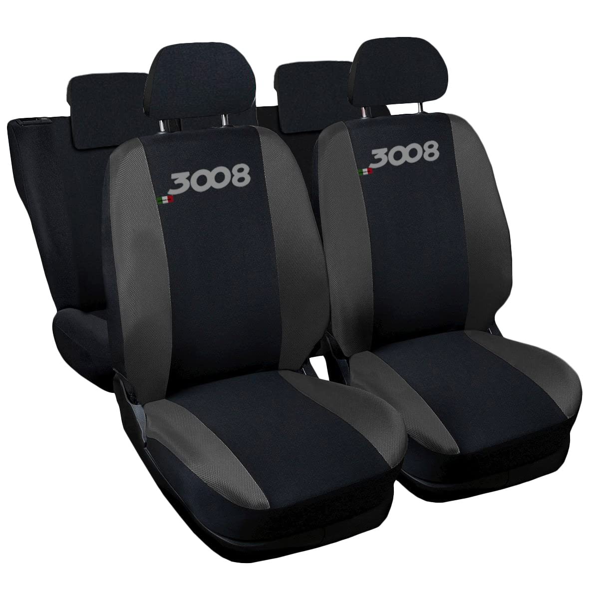 Auto Accessori Lupex Copri-sedili Auto Compatibili 3008 | Made In Italy | Set Coprisedili Anteriori e Posteriori | Logo Ricamato | Airbag Compatibile | Interni (Nero/Grigio Scuro)
