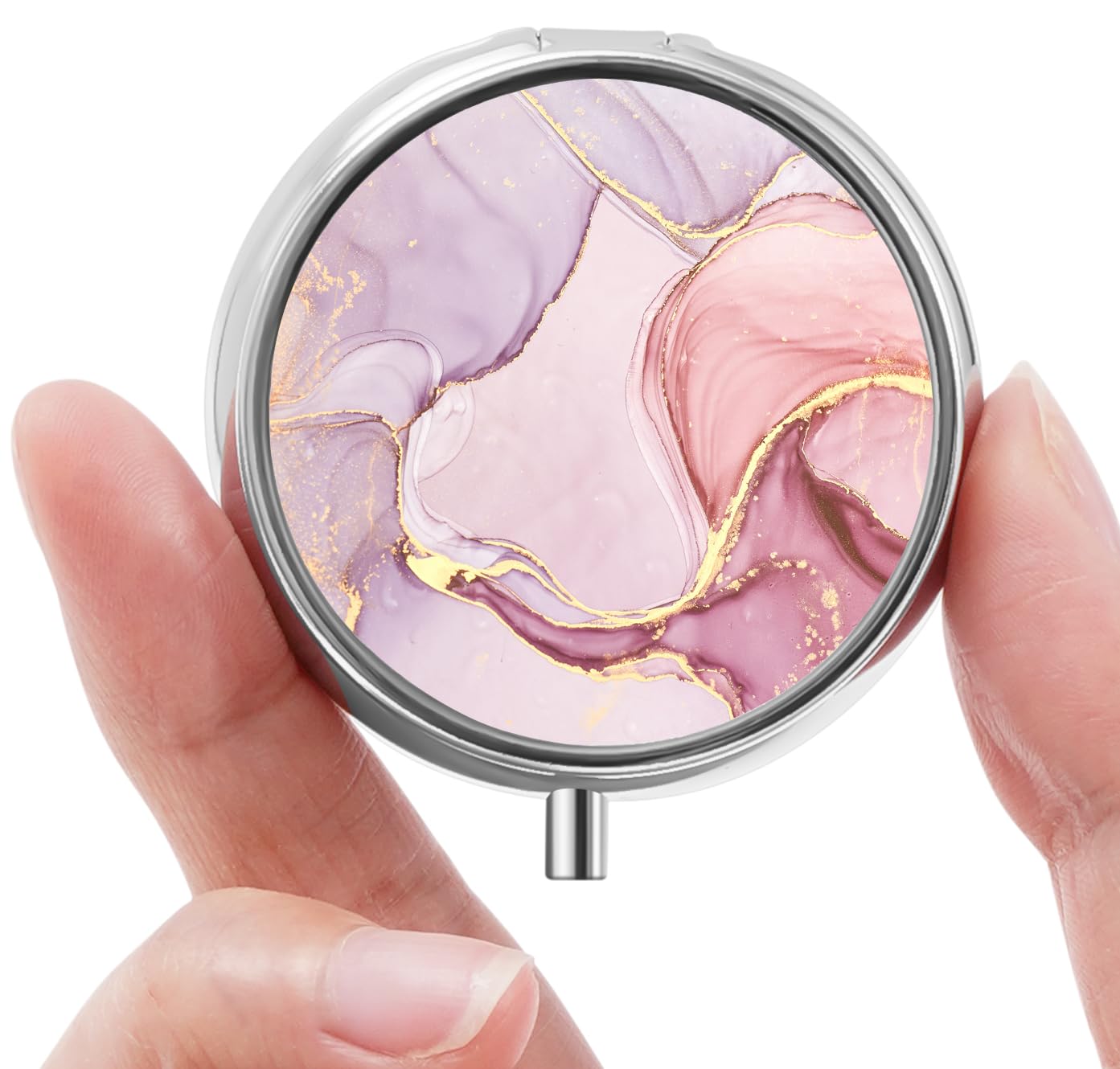 Mini Pill Box, Small Pill Box, Portable Pill Box, Cute Pill Organizer for Vitamins, Medications, Fish Oil and Supplements (Pink Marble)