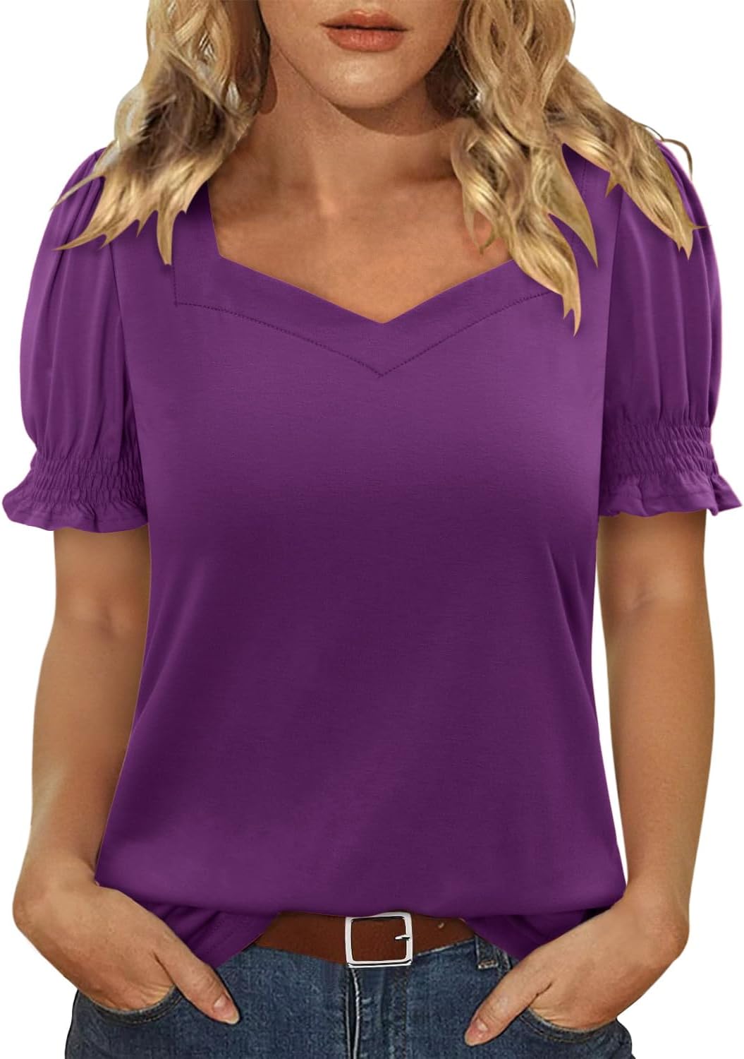 CRAZY GRID Womens Trendy Summer Tops Puff Sleeve Loose Fit Shirts Dressy Casual Blouses - Image 2