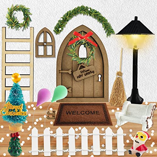 Kit de Noël pour Porte de Lutin,Accessoires pour Porte de Lutin,Ensemble d'accessoires de Porte de Lutin de Noël,Porte Lutin de Noel,Lampe à Huile,Arbre de Noël,Échelle en Bois, Balai (18) Cover