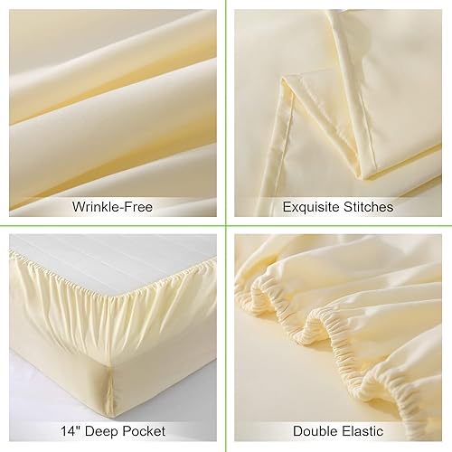 Miniatura 4 de ILAVANDE Juego de sábanas beige tamaño Queen, 4 piezas, juego de sábanas de microfibra súper suave de lujo de la serie 1800, sin arrugas y