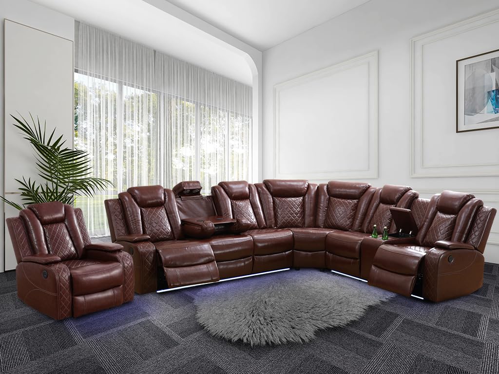 Power Recliner Sofa Sectional Couch with LED Light for Living Room,Leather Reclining Corner Sectional Sofa Set with 3 Recliner Seats,Cup Holder,Storage Console for House/Home Theater, Wine