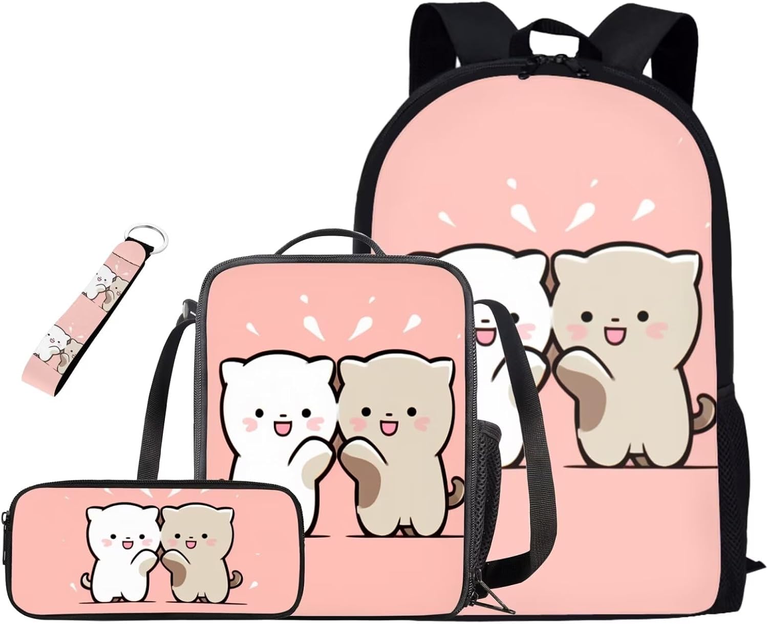 Cute Cat Kids Backpack Set for Girls 4pcs Kids Backpack with Lunch Box Pencil Case and Keychain Toddler Bookbag Portable Lunch Bag for Kindergarten Preschool Elementary School Students