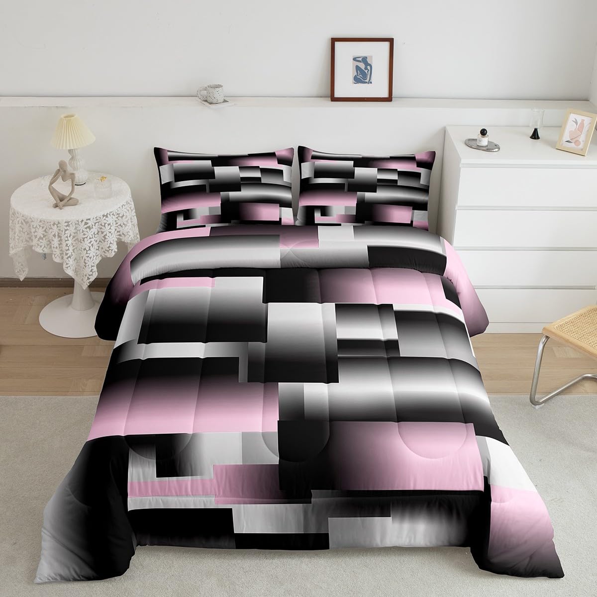 jejeloiu Modern Abstract Comforter Set Queen Size Pink Gray Black White Geometric Art Comforter Geometry Rectangle Room DecorBedding Set Quilt 3Pcs Duvet Set Boys