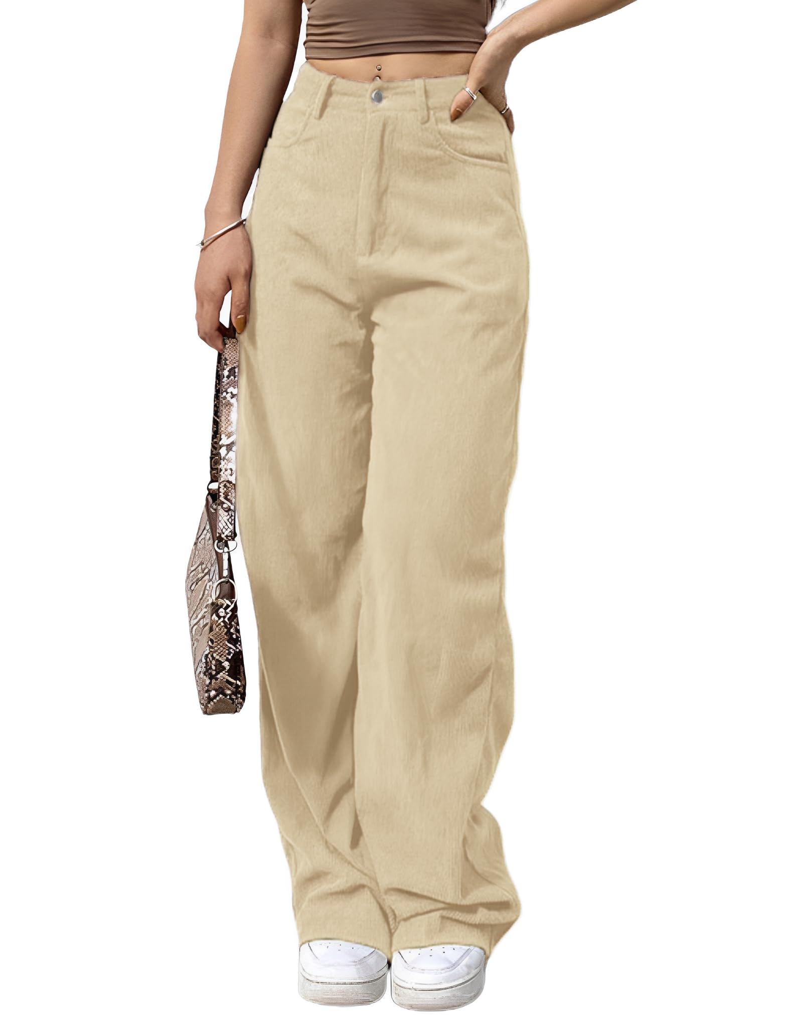 Himosyber Corduroy Pants for Women Casual Elastic High Waist Stretchy Wide Leg Pants Loose Fit Comfy Trousers with Pockets