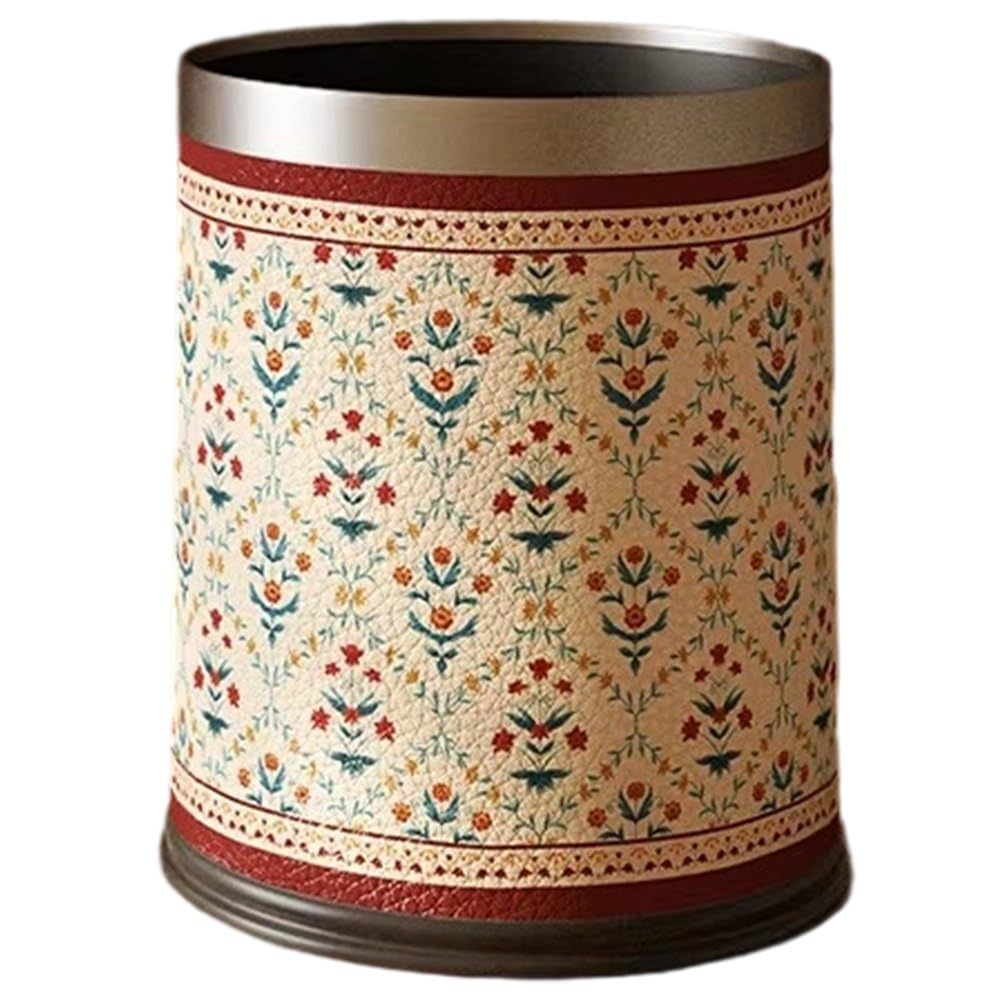 Sslvya Leather Wastebasket, Retro Style Round Pu Leather Waste Bin Paper Basket Trash Can Dustbin Garbage Bin Waste Basket for Home Office