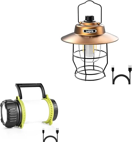 Lighting EVER Paquete - 2 artículos Linterna de camping LED recargable vintage Lepro y linterna de camping LED Lighting EVER recargable, 500LM, 5