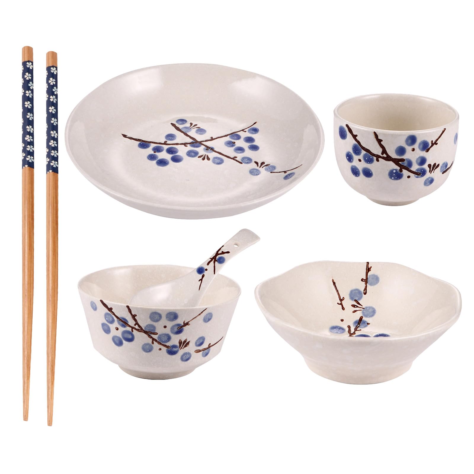 Assiette Vaisselle Pratique Cuillère Bol et Tasse en Céramique et Bois Service de Table Japonerie 6 Pièces Baguettes Personne