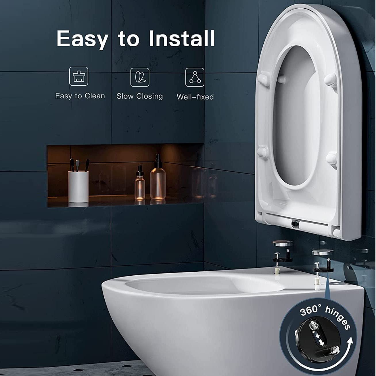 Abattant WC avec Frein De Chute Forme D - Lunette WC Antibactérien - Lunette De Toilette Clipsable, Duroplast - Abattant Toilette Convient Cuvette WC en Forme De D