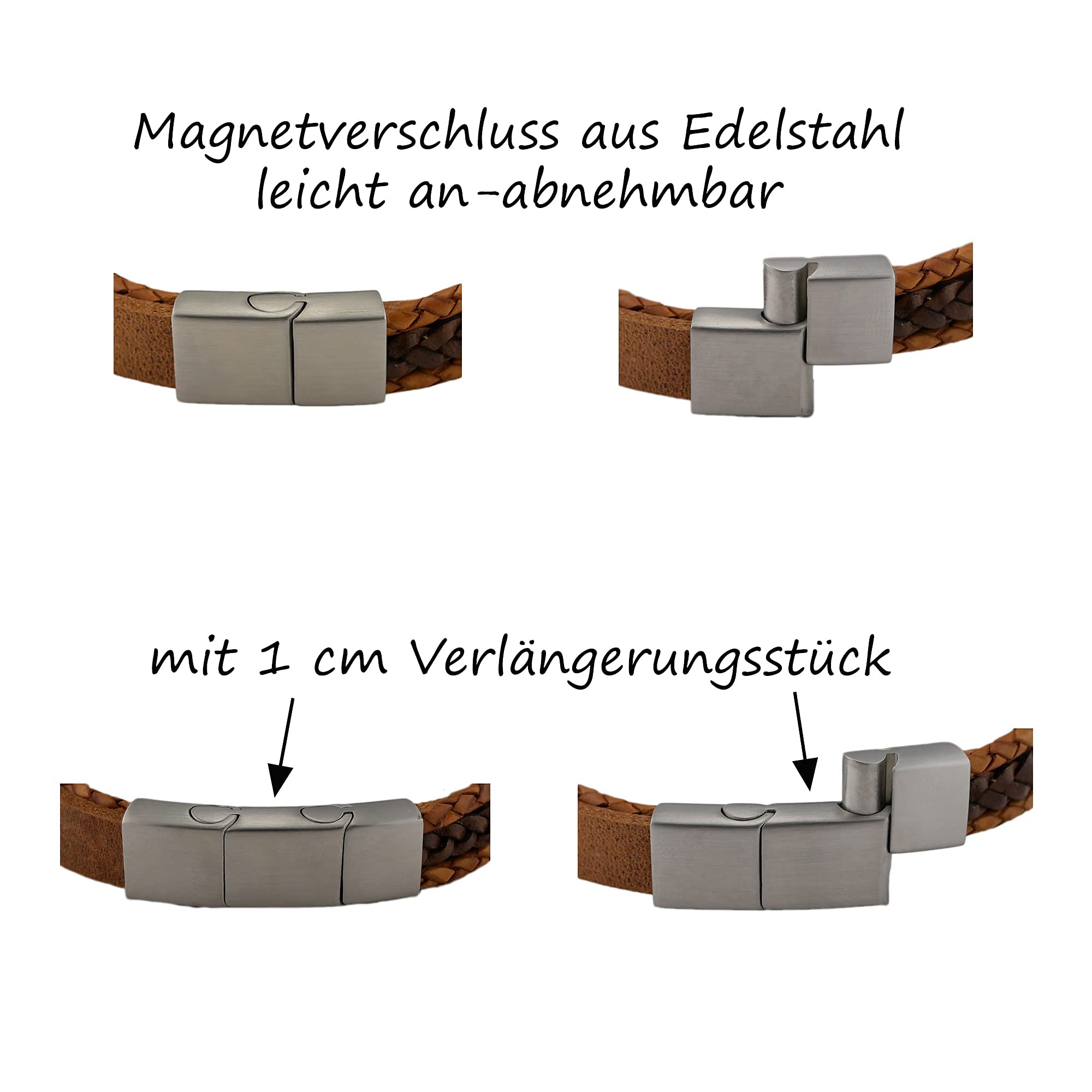Armband mit Namen, Lederarmband Herren mit Gravur, personalisiertes Geschenk für Männer und Frauen, Echtleder cognac, Magnetverschluss Edelstahl, Freundschaftsarmband, Partnerarmband