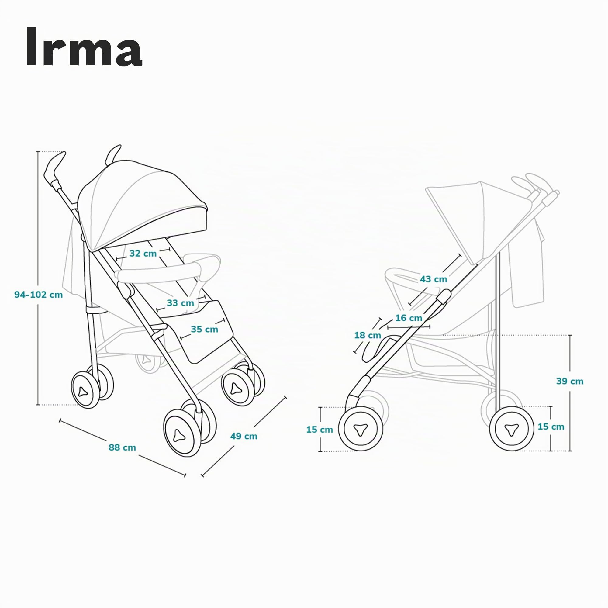 Lionelo Irma Silla de paseo plegable 51 x 80 x 101 cm Diseño ultraligero 7 kg Respaldo ajustable Para niños de hasta 15 kg 6-36M Cinturones de seguridad