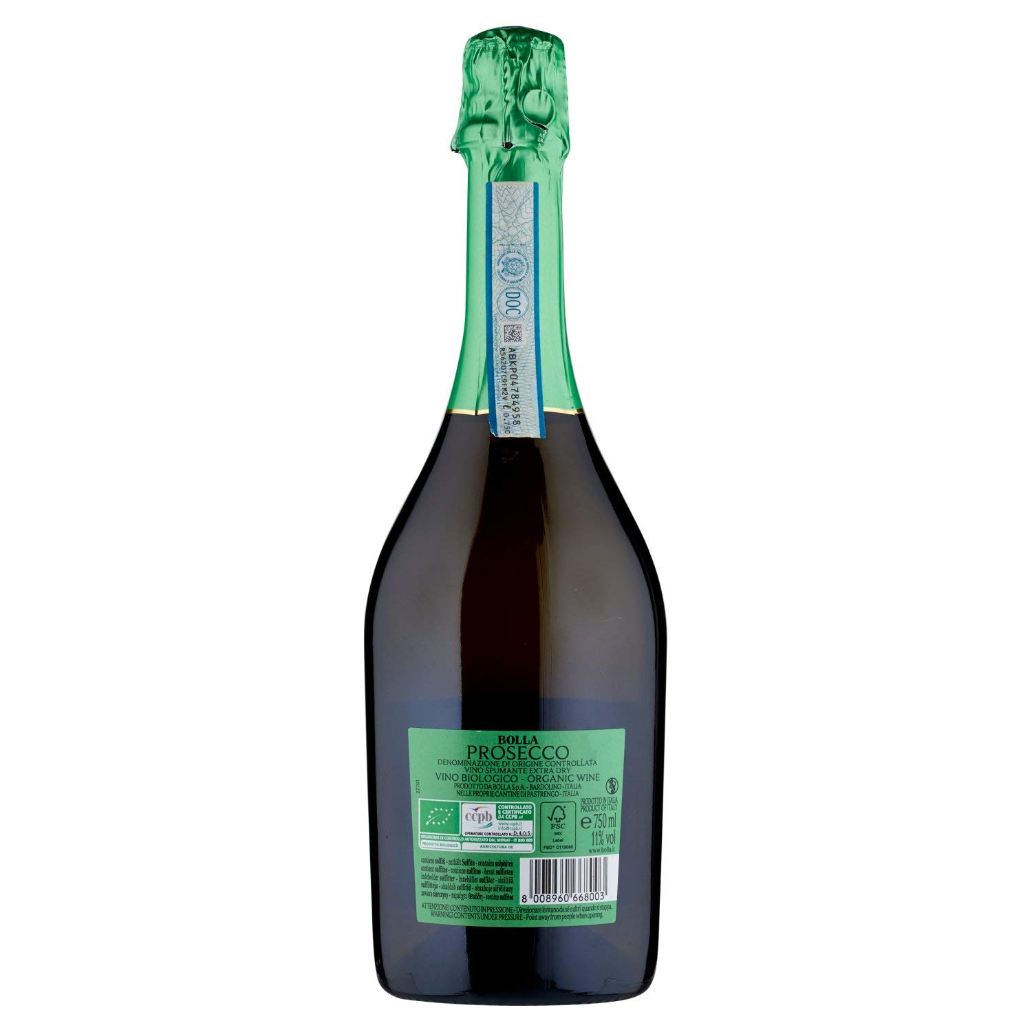 Bolla Prosecco DOC Spumante Extra Dry Biologico - Spumante Bianco, 750 ml (Confezione da 6)