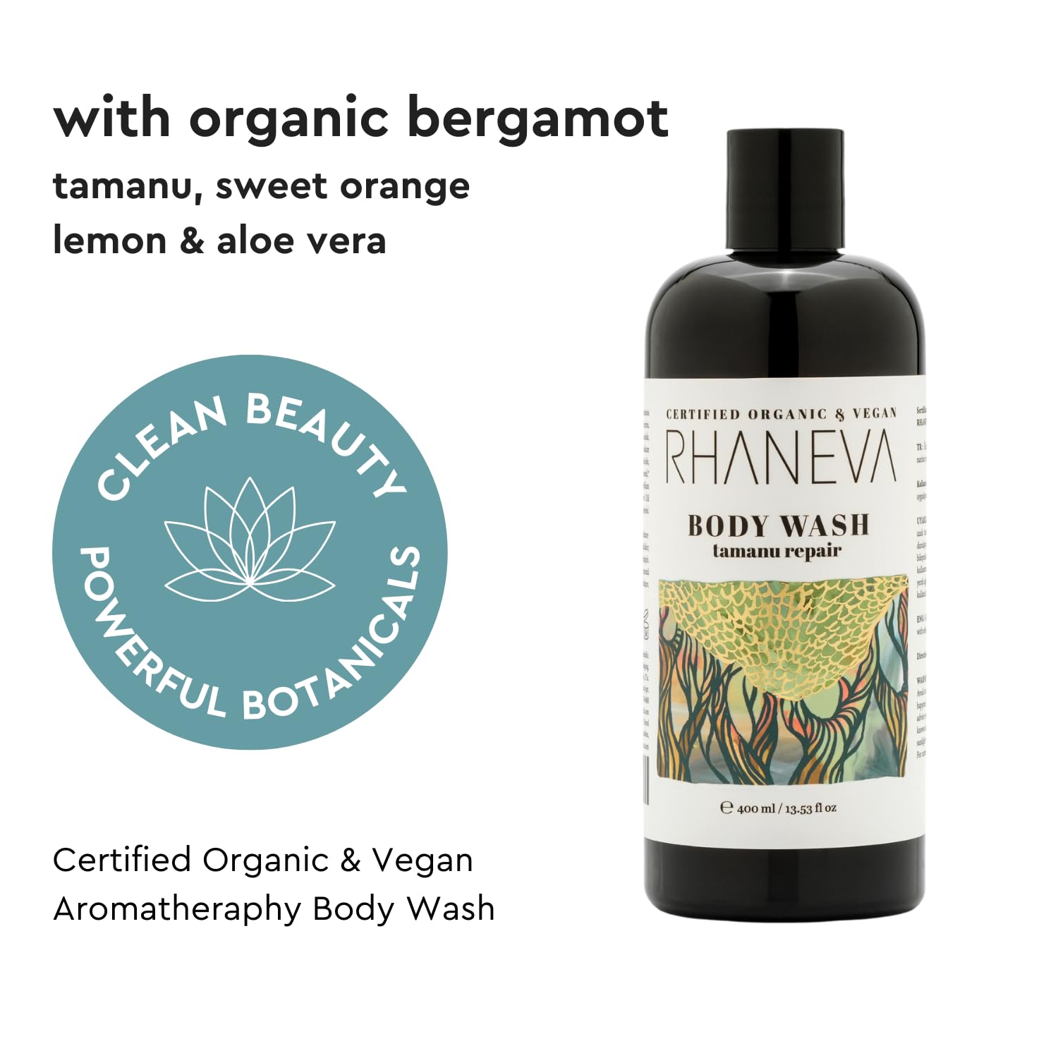 RHANEVA Aromaterapik Duş Jeli, Sertifikalı Organik ve Vegan, 400 ml