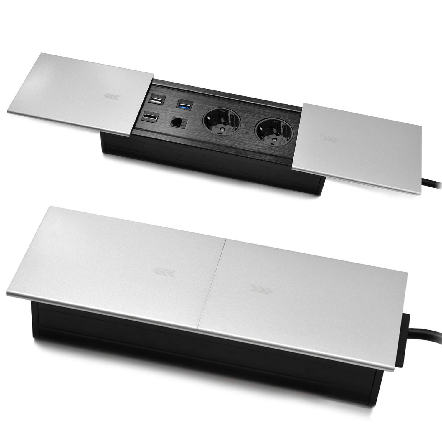 Regleta de enchufes múltiple de metal, 2 enchufes Schuko, 1 USB 2.0, 1 USB 3.0, 1 HDMI, 1 CAT6, 1,5 m de cable con enchufe, para escritorio, muebles, Spacetronik