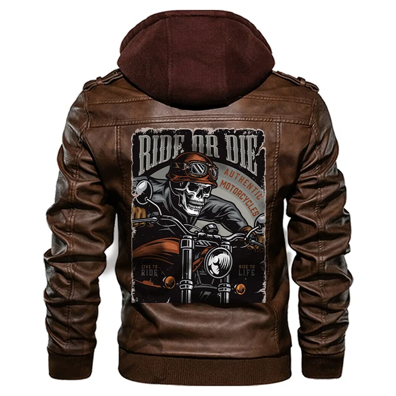 orealexpress Custom Skull V-Twin Biker Motorcycle, Winged Skull, Personalized Mens PU Leather Coat Custom Motorcycle Jacket Removable Hood Brown