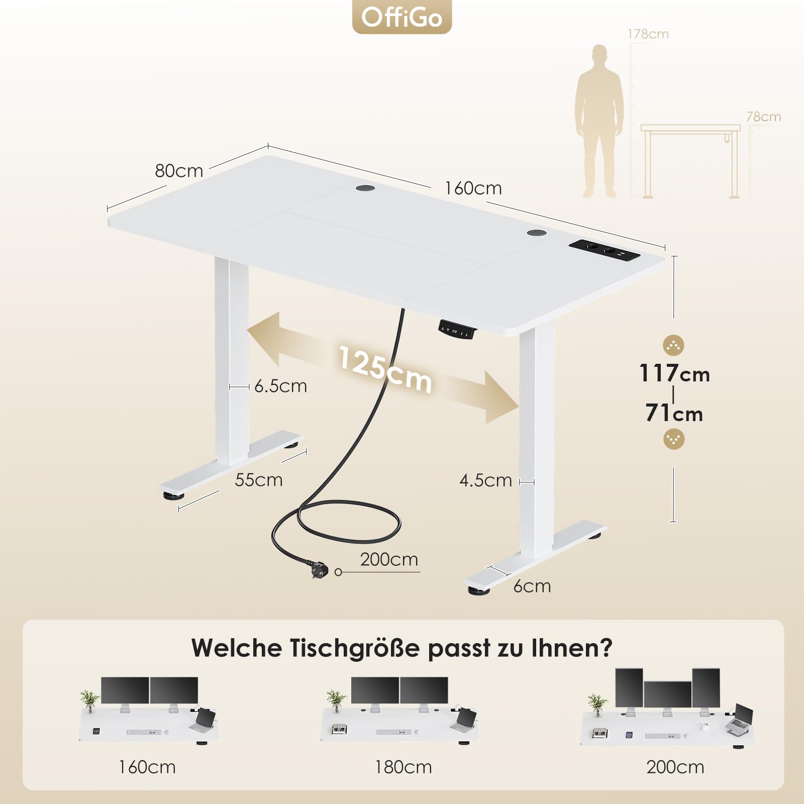 OffiGo Höhenverstellbarer Schreibtisch, 160x80cm Elektrischer Schreibtisch mit Steckdosen und USB Ladeanschluss, Tisch Höhenverstellbar mit 2 Memory Funktion, Computertisch für Büro, Zuhause, Weiß