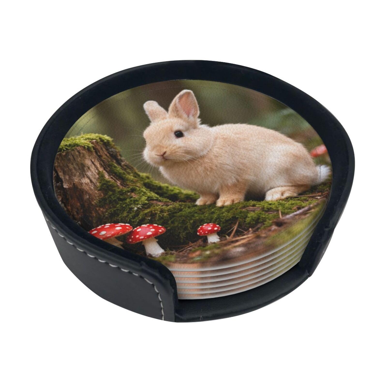 Cntdbu White Cute Rabbit Leather Coasters Set Of 6-Pu Leather Drink Mats For Table, Heat Resistant Round Coasters With Holder