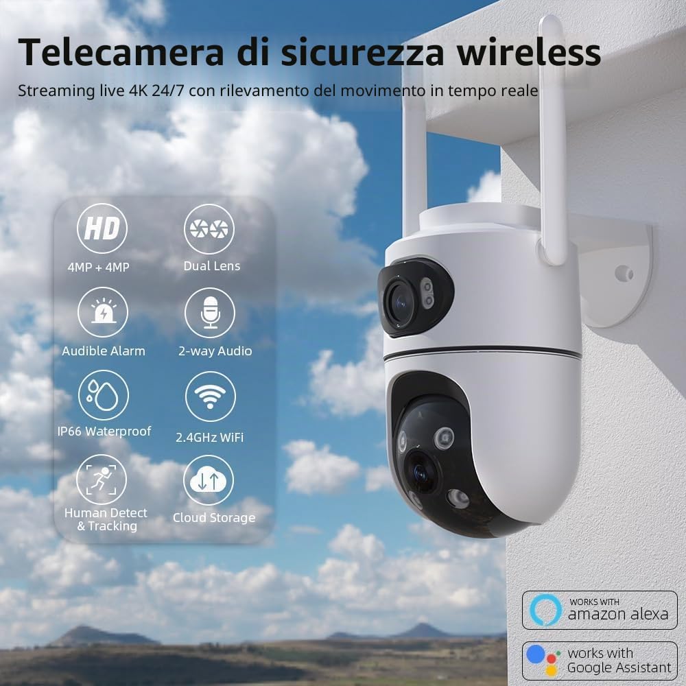 Telecamera Wi-Fi Esterno Doppio Obbiettivo, Telecamera WiFi da Esterno PTZ Videocamera Sorveglianza con Scheda TF 64 GB Rilevamento Umano Visione Notturna a Colori Tracciamento Movimento con Sirena