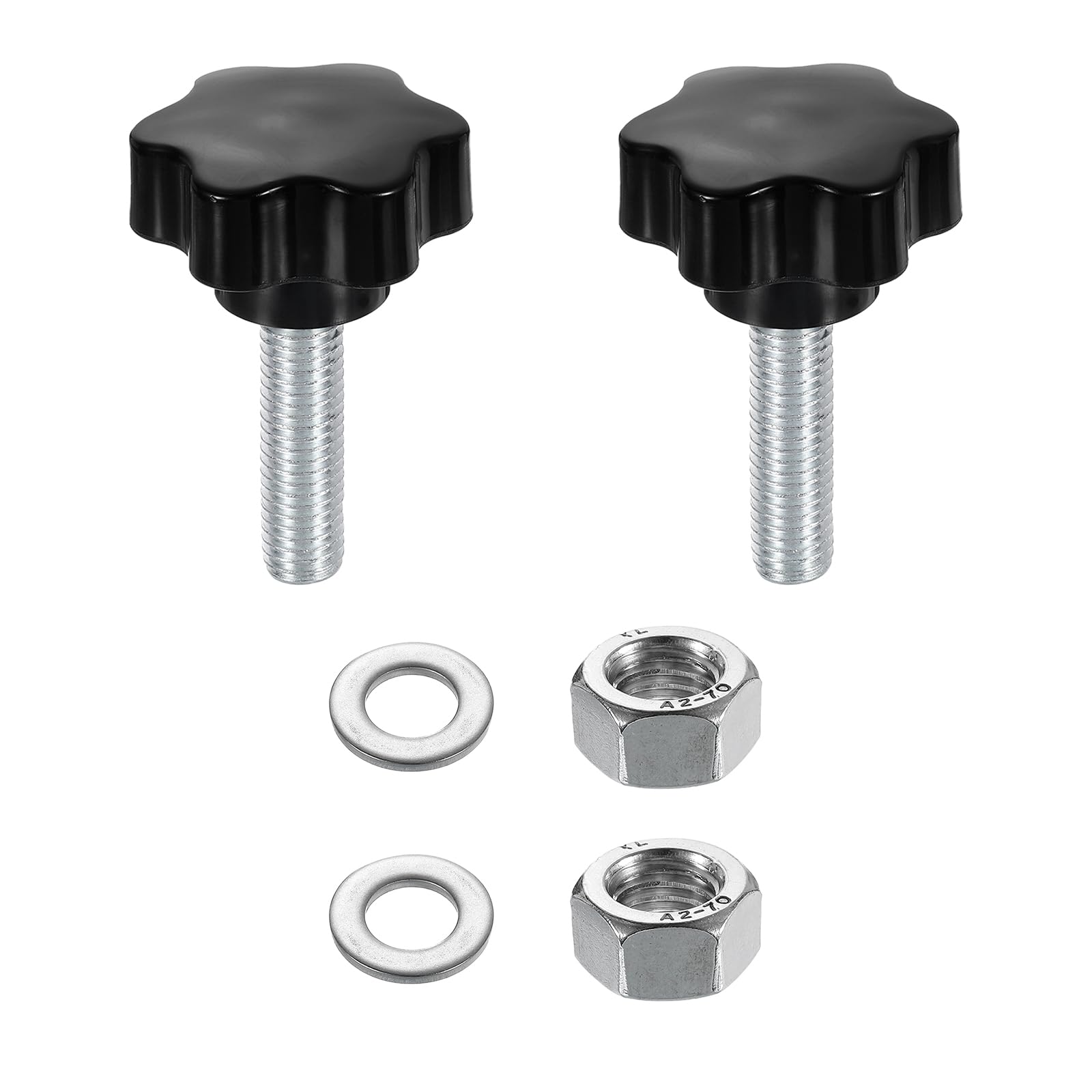 uxcell 2pcs Star Clamping Knobs with Nuts Washers, M12 x 45mm Metric Zinc Plated Carbon Steel Male Thread 48mm 6-Star Plastic Head, Threaded Stud Hand Knobs Handles Thumb Screws, Black