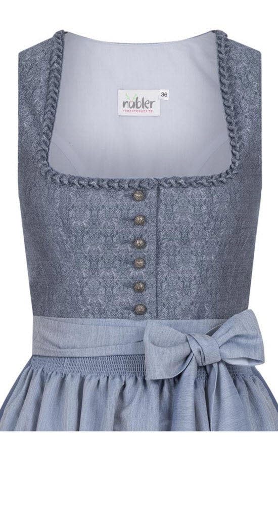 Nübler Dirndl midi Damen - 2 teilig inkl. Kleid und Dirndl Schürze im Landhausstil, Rocklänge 70cm - Moderne bayrische Tracht, ELSA Rauchblau