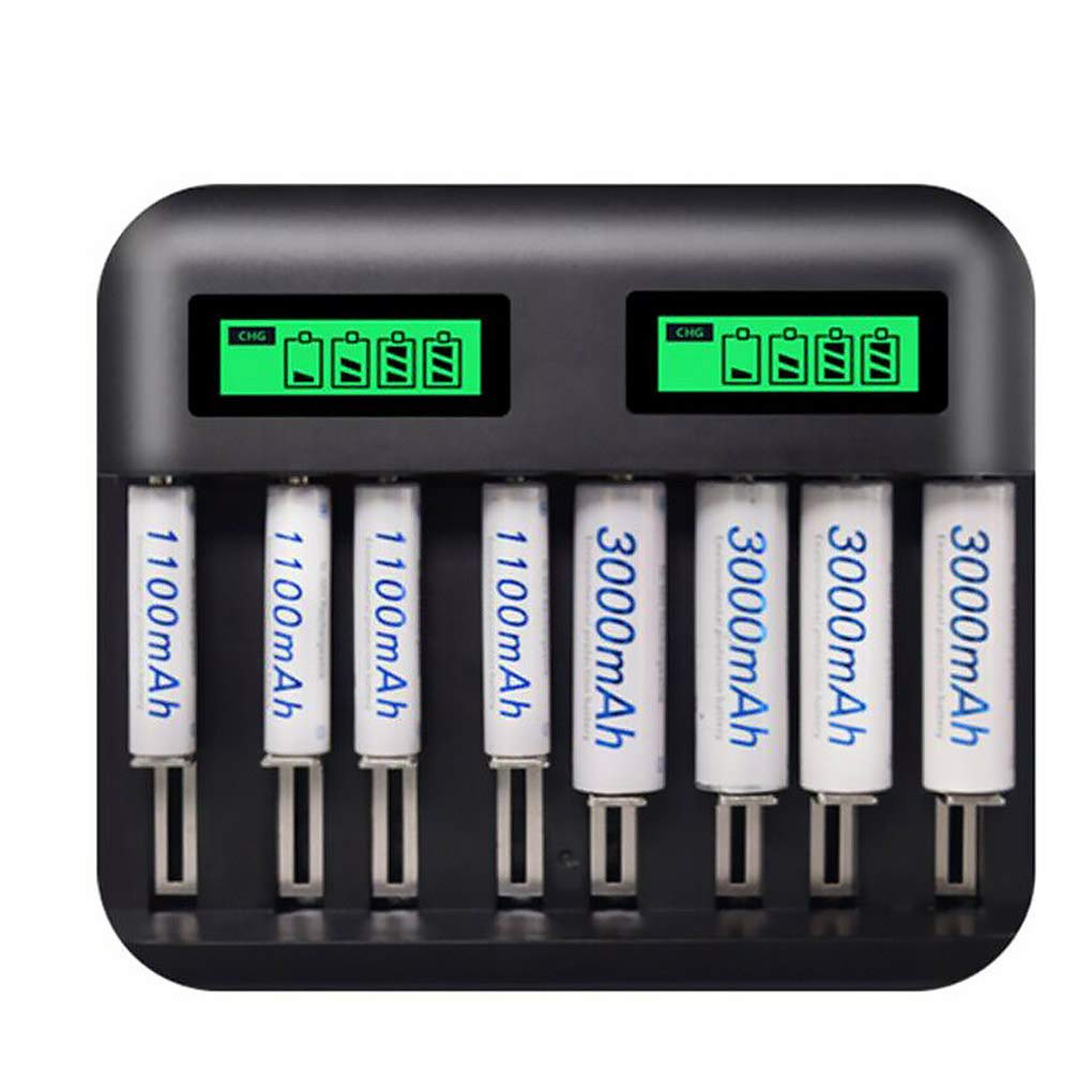 Leeadwaey Chargeur de batterie 8 emplacements alimenté par USB AA/AAA/C/D avec écran LCD Noir