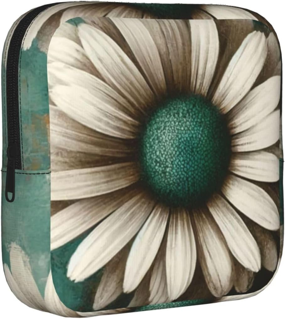 Modern-Geometric-Daisy Portable Period Pad Pouch for Women, Sanitary Napkin Storage Bag with Zipper for Outdoor Use