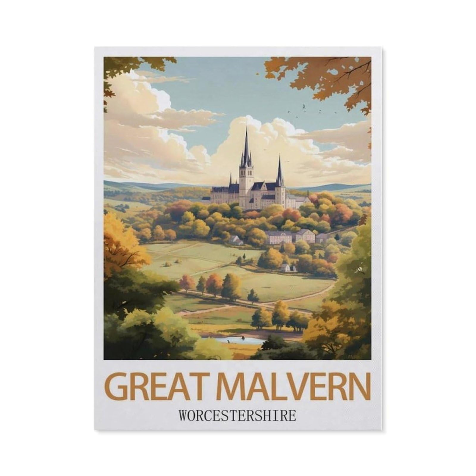 Beayodkp （50 X 60 Cm/19.68 X 23.62 Inches） Full Diamond 5D Diy Diamond Painting，Great Malvern Worcestershire Vintage Travel Posters，3D Diamond Embroidery Cross Stitch Mosaic Needle Works-Cf42