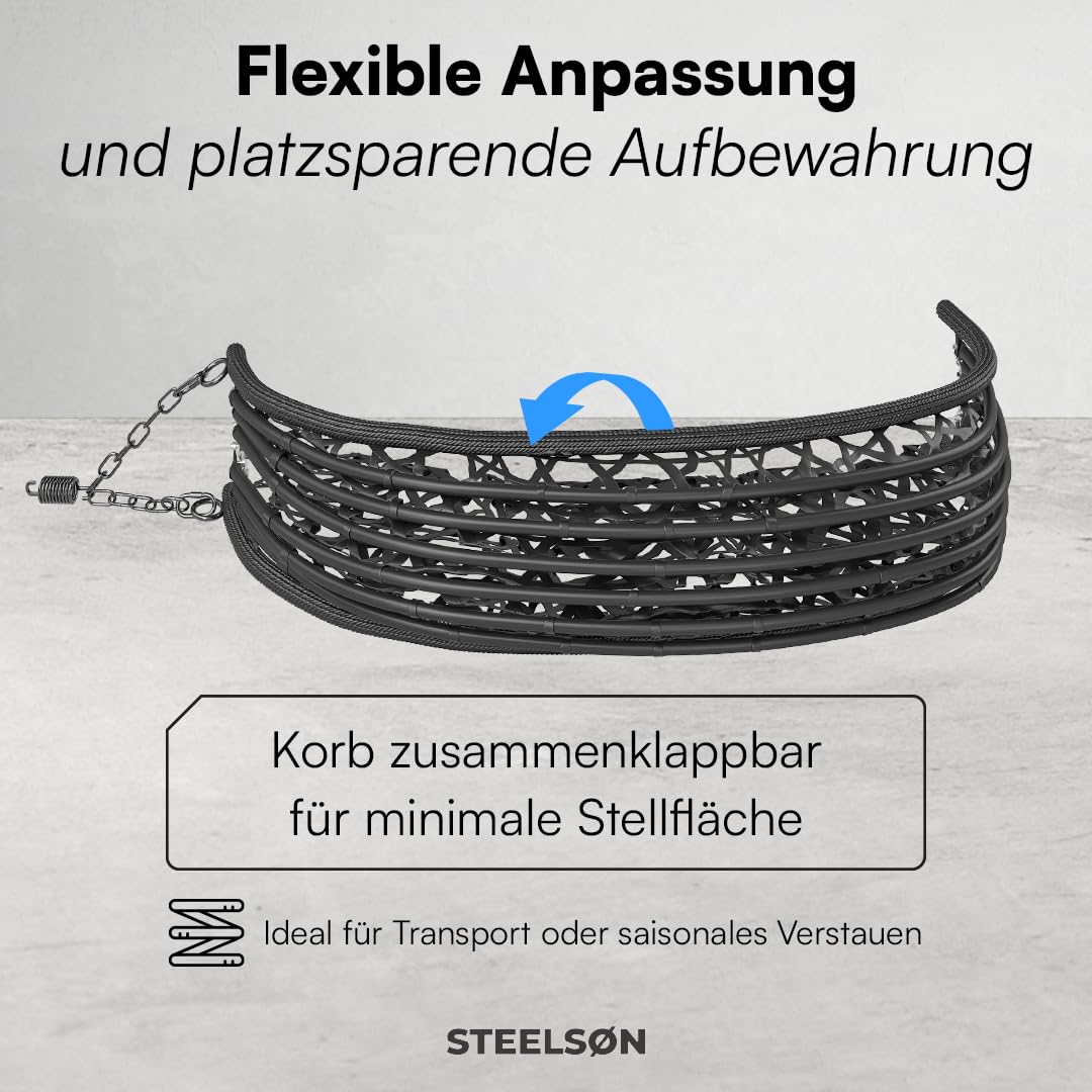 STEELSØN Sarin Hängesessel mit Gestell – Hängestuhl Rattan Outdoor & Indoor mit Kissen – Hängekorb Schwarz – Gartenschaukel für Erwachsene & Kinder – Korbhängesessel faltbar – Hanging chair bis 150 kg