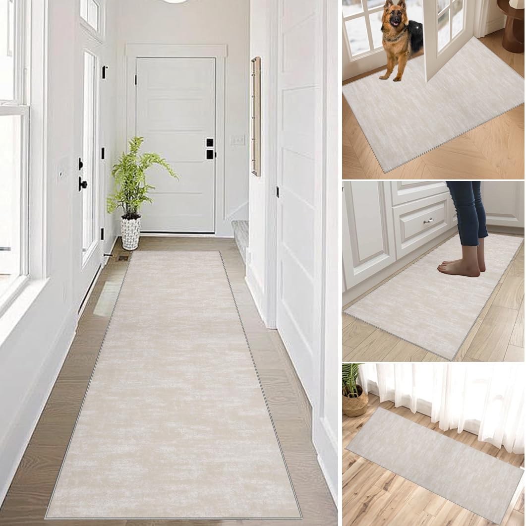 XUEGAIXIA Long Hallway Runner Rug Non Slip Washable Kitchen Rug 110 x 500 cm Beige Hall Runner Corridor Rugs Floor Mat Narrow Heavy Duty Carpet Runner for Entryway Hallways Kitchen Laundry Room