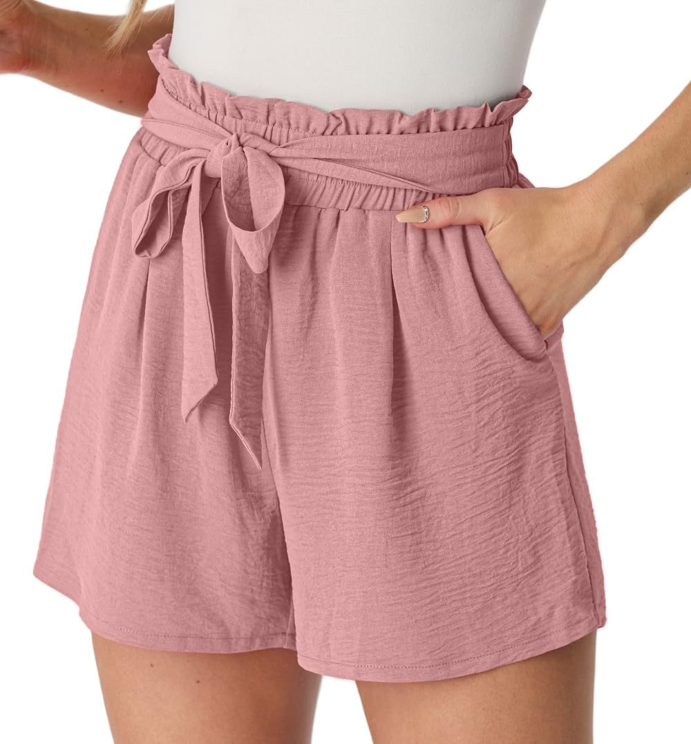 PrinStory Leicht Damen Shorts Gürtel Breites Bein Kurze Hose Mit Taschen High Waist Sommershorts