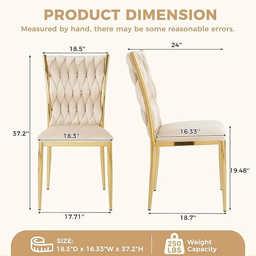 Miniatura 3 de Juego de 4 sillas de comedor de terciopelo, modernas sillas de cocina tejidas con patas de metal dorado, cojín tapizado con respaldo alto,