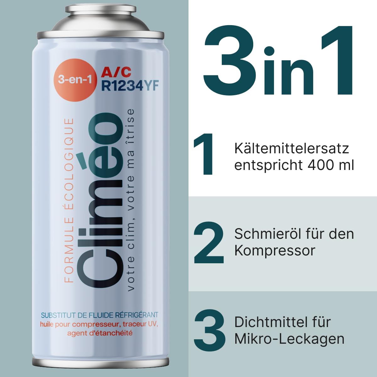 3in1 R1234yf Kältemittel Ersatz Set - Klimaanlage selbst befüllen - Entspricht 625g Kältemittel inkl. Schmieröl & Korrosionsschutz - Für PKW ab Bj. 2017