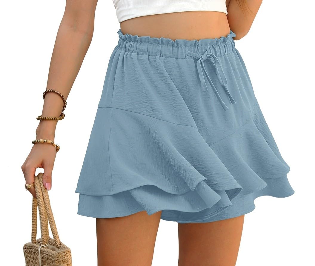 PrinStory Short d'été pour femme - Taille haute - Volants - Pantalon court pour loisirs - Jambes larges - Jupe courte - Plage - Vacances