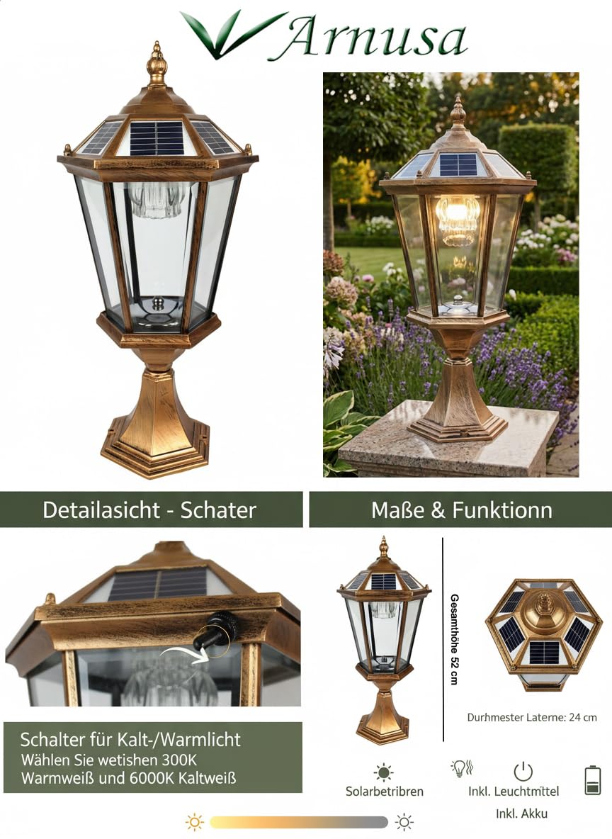 Arnusa Solar Sockelleuchte klassisch Außenleuchte Gartenleuchte Solarlampe Solarleuchte kabellos Duo Color Gartenlaterne warmweiß und kaltweiß Aluminium Glas