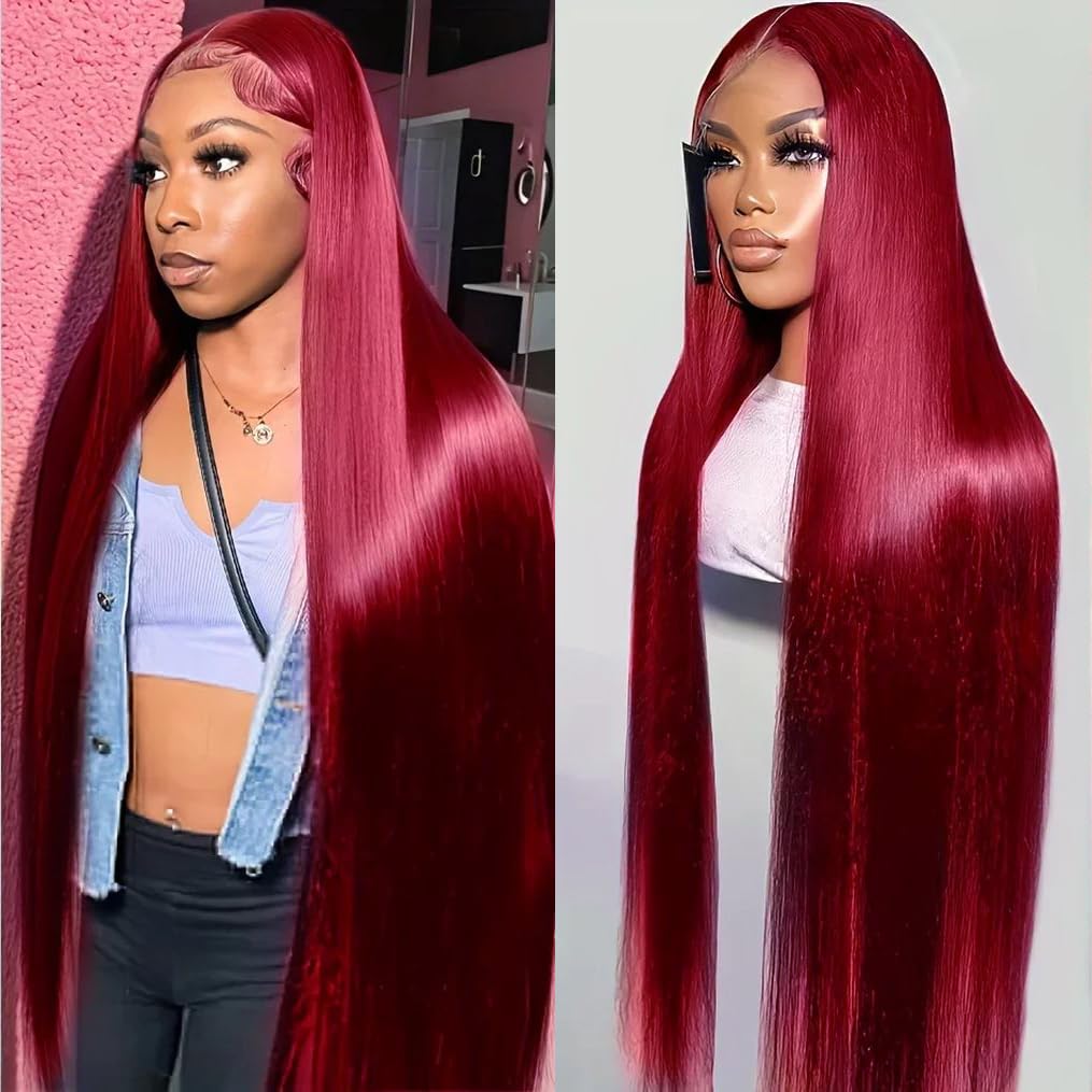 HALERP 30 Inch Burgundy Lace Front Wigs Human Hair 200% Density 13x6 Straight Lace Front Wig for Women Glueless Wig with Baby Hair Natural Hairline