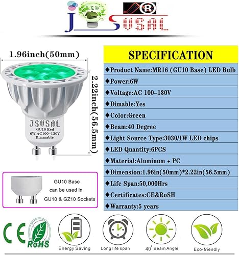 Miniatura 2 de JSVSAL Paquete de 2 bombillas LED regulables MR16 (base GU10), 120 voltios, verde, 6 vatios (equivalente a 50 vatios), carcasa de aluminio, bombilla