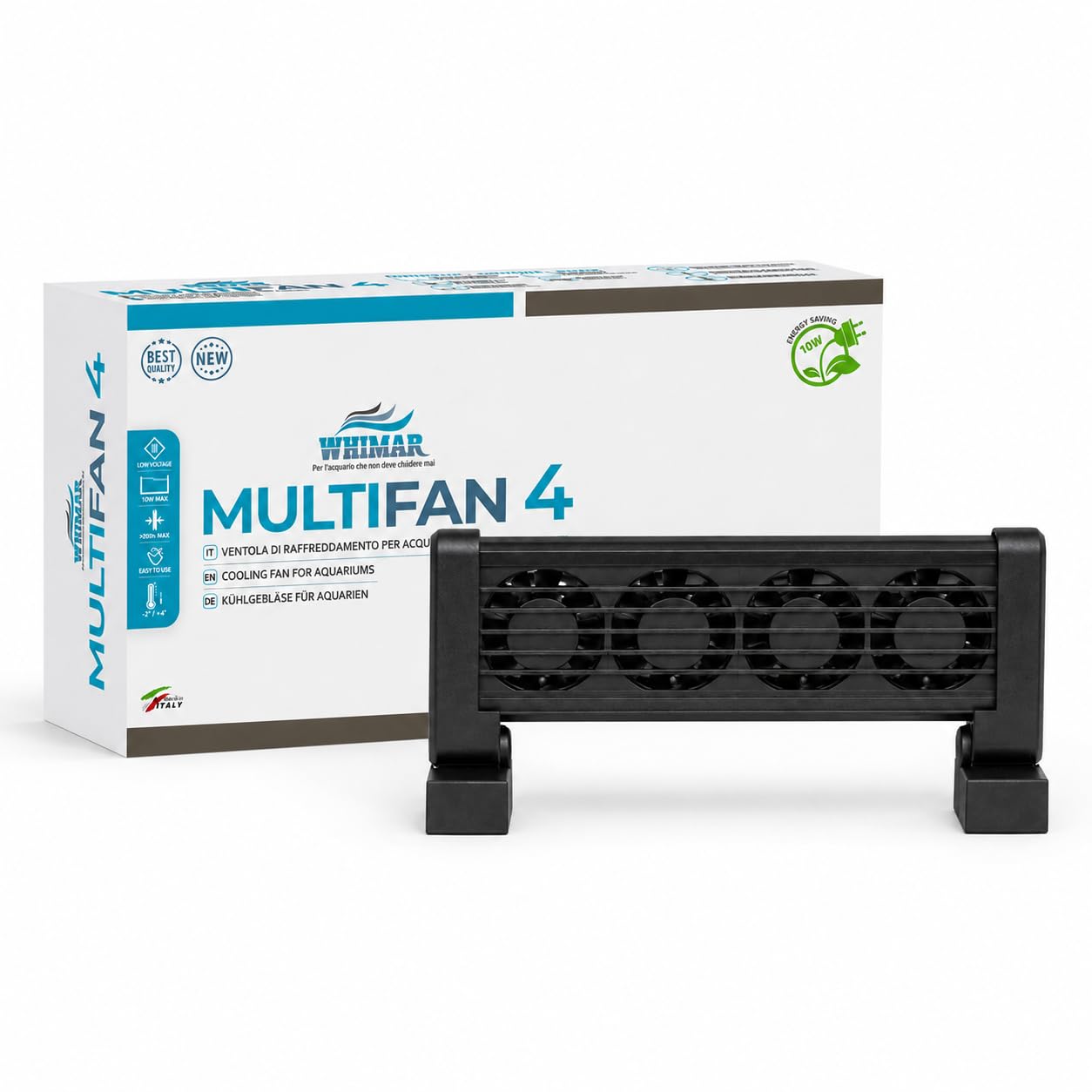 Whimar MultiFan 4 Ventole di Raffreddamento per Acquario, Sistema 12V a 4 Ventole, Basso Consumo 3,8W, Silenzioso <40 Db, per Acquari Aperti, Supporto per Vetro Fino a 20 mm