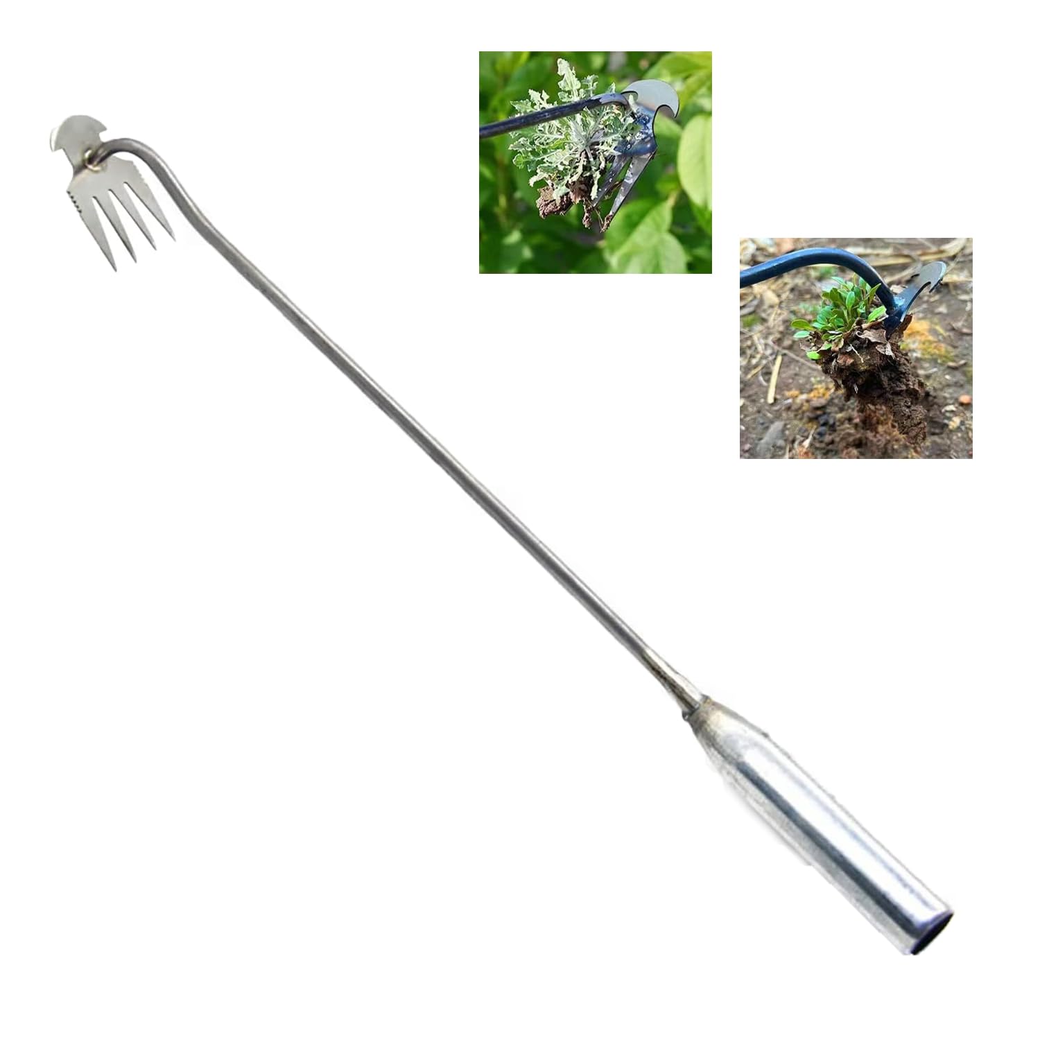 New Weeding Artifact Uprooting Weeding Tool, Hand Weeder Tool Manganese Steel Forged Weed Puller, 4 Teeth Dual Purpose Weeder for Garden Yard Farm Weed Removal (B-20'' Iron Handle)