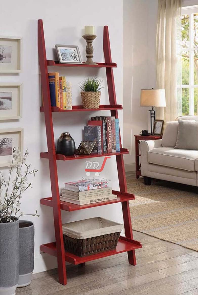 - Engineered Wood Ladder Shape 5 Tier Designer Book Case Wall Shelf For Home Decoration And Living Room (Red)