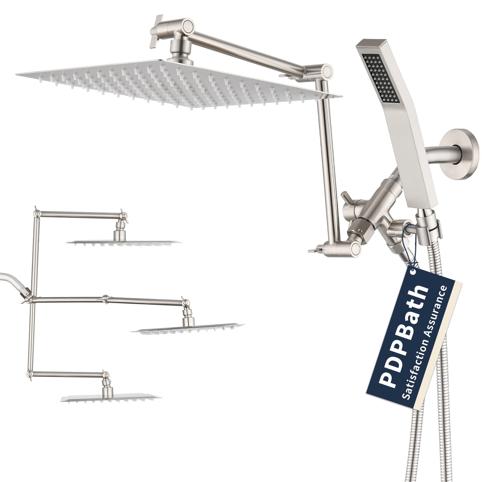 PDPBath 25 cm deszczownica z regulowanym ramieniem przedłużającym 40 cm, metalowa głowica prysznicowa z ręcznym połączeniem, ręczna różdżka z bardzo długim wężem prysznicowym 178 cm, 3-drożny