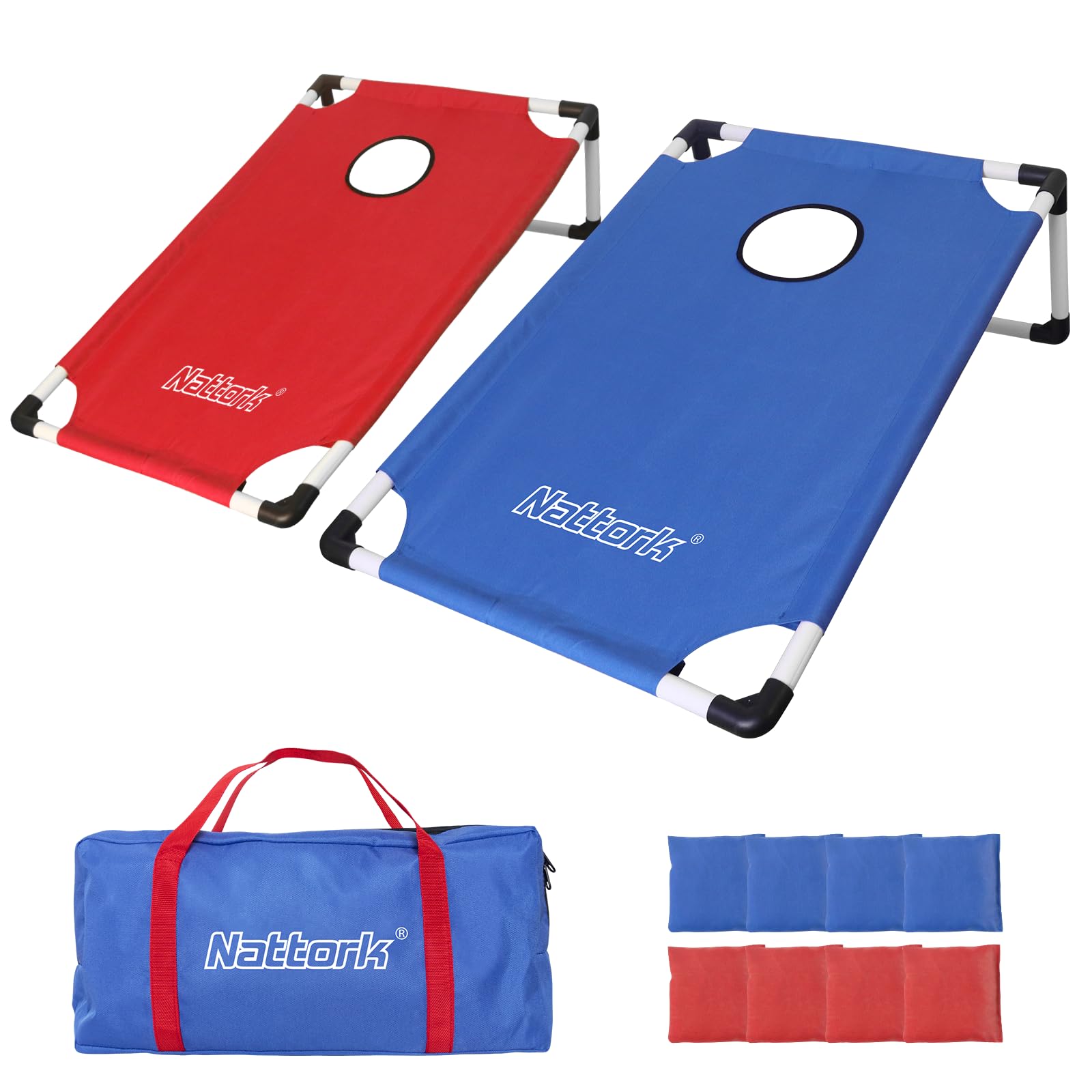Portable Cornhole Set PVC Framed Corn Holes Outdoor Game Set with 2 Cornhole Boards, 8 Cornhole Bean Bags and Carrying Case, Camping Games Indoor Outdoor for Kids and Adults, Travel Camping Accessory