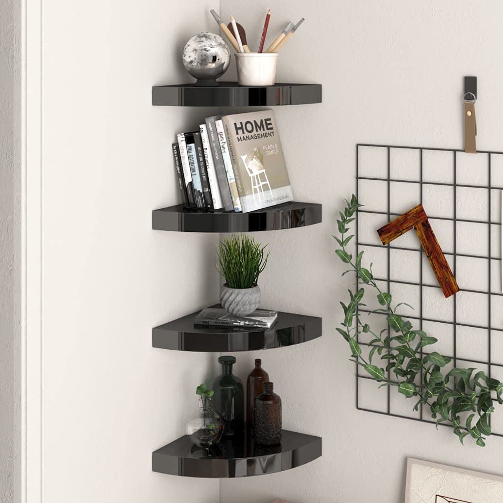 Eck-Schweberegal Set 4 STK. Hochglanz-Schwarz 25x25x3,8 cm MDF Wabenplatten-Design Metall Wandhalterung Unsichtbares Befestigungssystem Stabile Aufbewahrung für Bücher