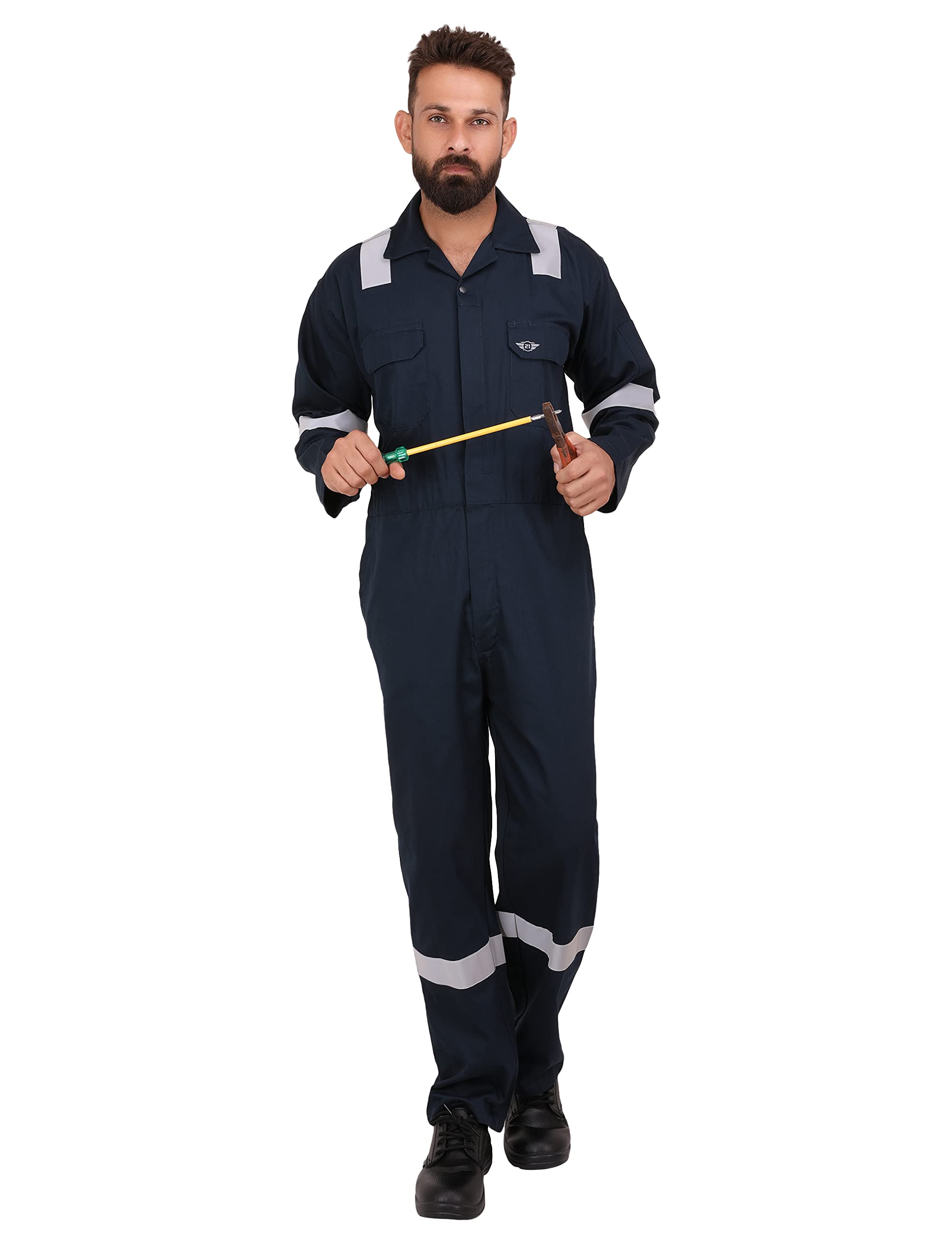 CLUB TWENTY ONE Men's Cotton Coverall for Industrial and Protective Use with Certified Reflective Tape, Breathable Overall Suit for Men, Boiler Suit with Reflective Stripes(X-Large, Blue) - Image 2 thumbnail