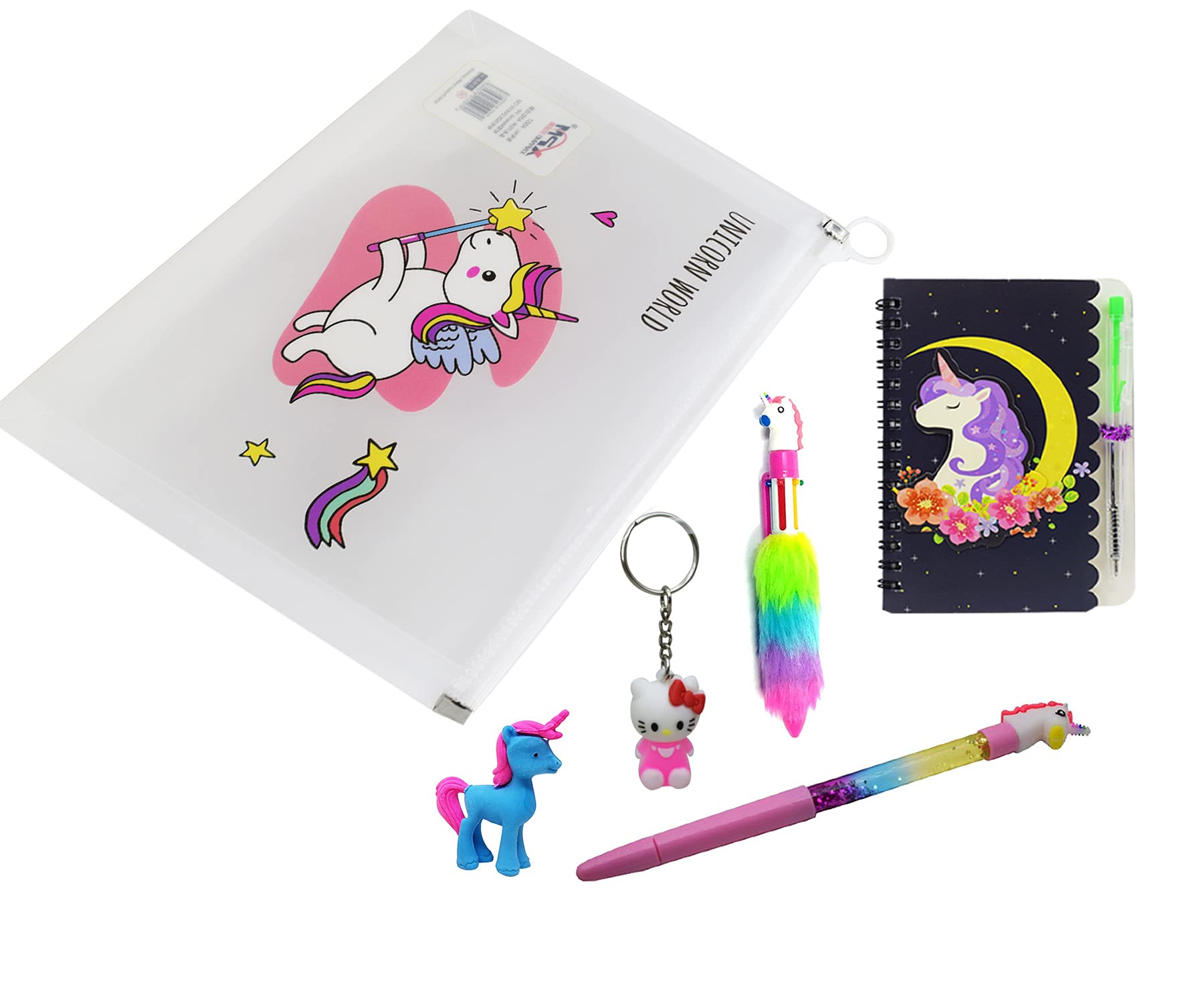 Aarvi Unicorn Theme Combo of 6 Items Stationery Set with A4 Unicorn Folder, Spiral Diary, 6 in 1 Fur Pen & Water Sparkle Pens, Fancy Eraser & Key Chain for Kids Birthday Return Gifts