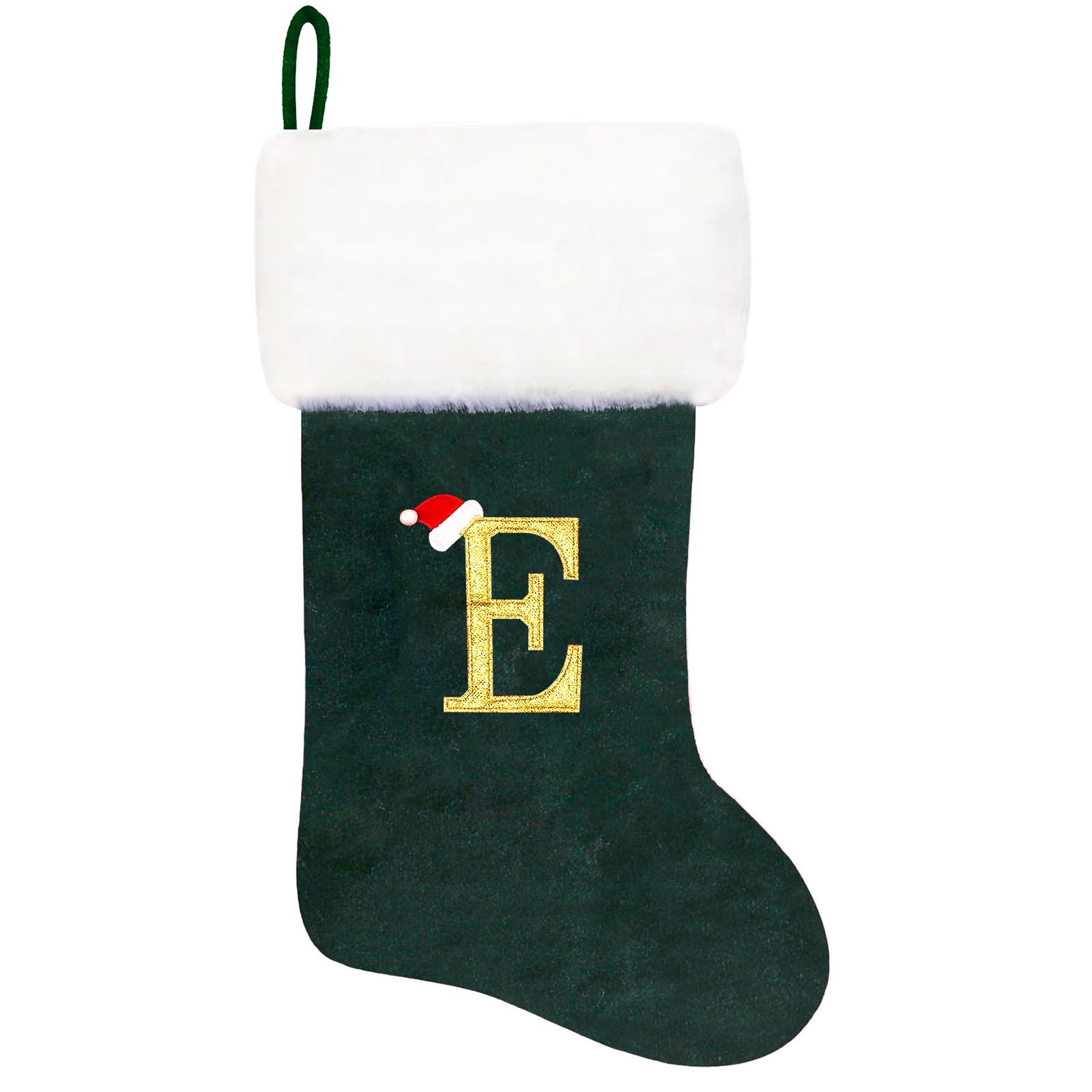 Eoocan 20 Inches Monogram Christmas Stockings Green Velvet with White Super Soft Plush Cuff Embroidered Xmas Stocking Classic Personalized Stocking