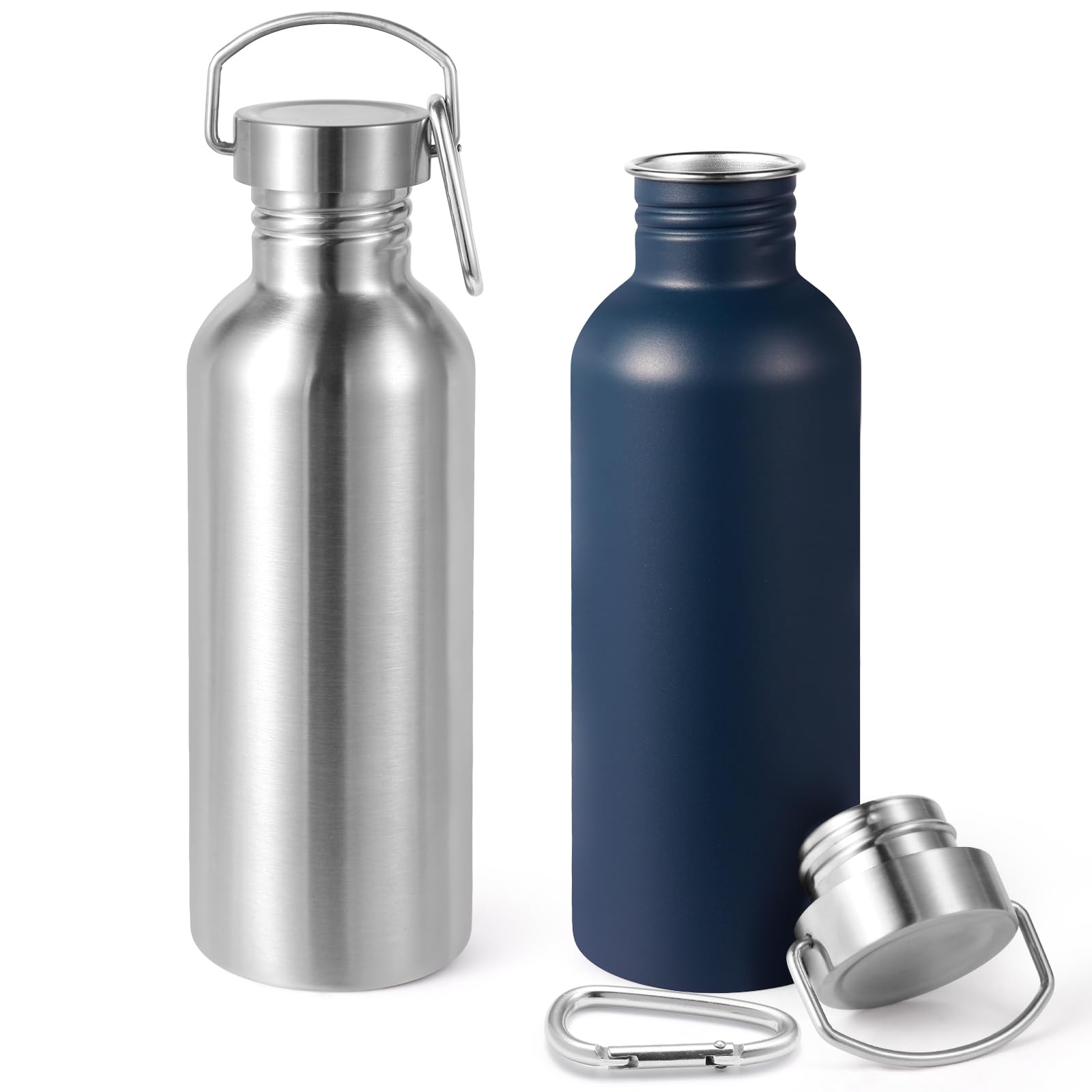Volhoply 1000ml Uninsulated Single Walled Water Bottles 2 Pack, Stainless Steel Sports Water Bottle with Handle & Carabiner, BPA Free Lightweight Water Bottles for Hiking, Running（Mix,2）