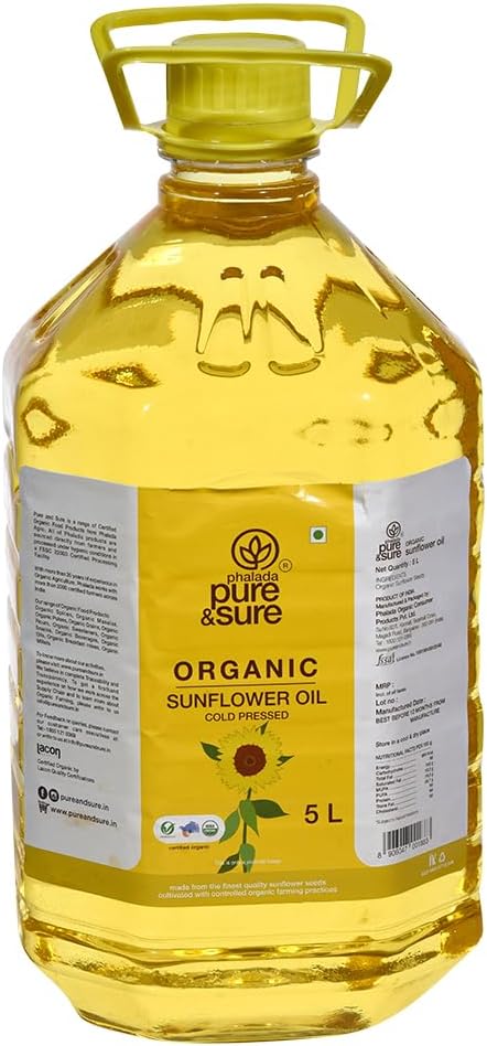 Pure & Sure Organic Cold Pressed Sunflower Oil 5L | For Cooking | Extracted on Wooden Churner | Nutrient Rich & Chemical Free