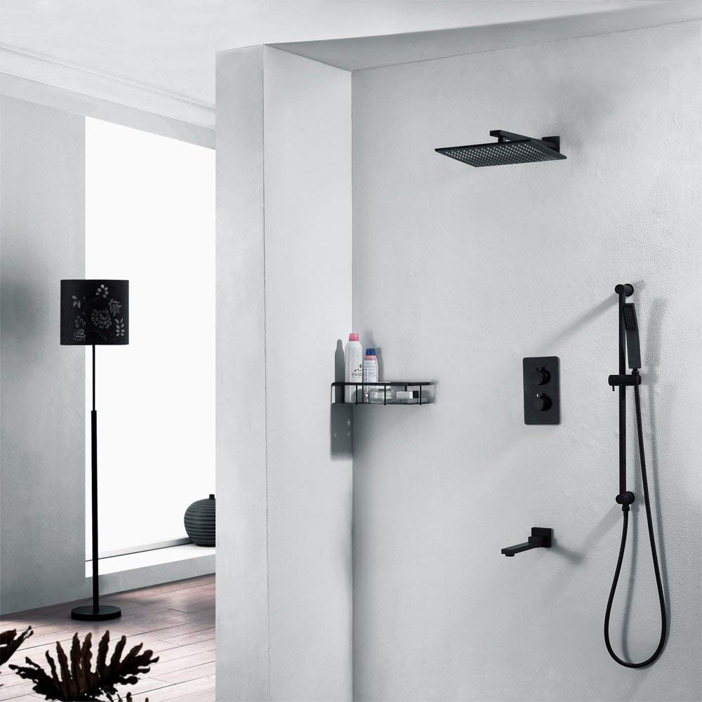 Sistema Doccia, Set di rubinetti termostatici Sistema Doccia da 12" con soffione Doccia a Pioggia e Set Portatile Rubinetto Doccia da Bagno a Parete,Nero