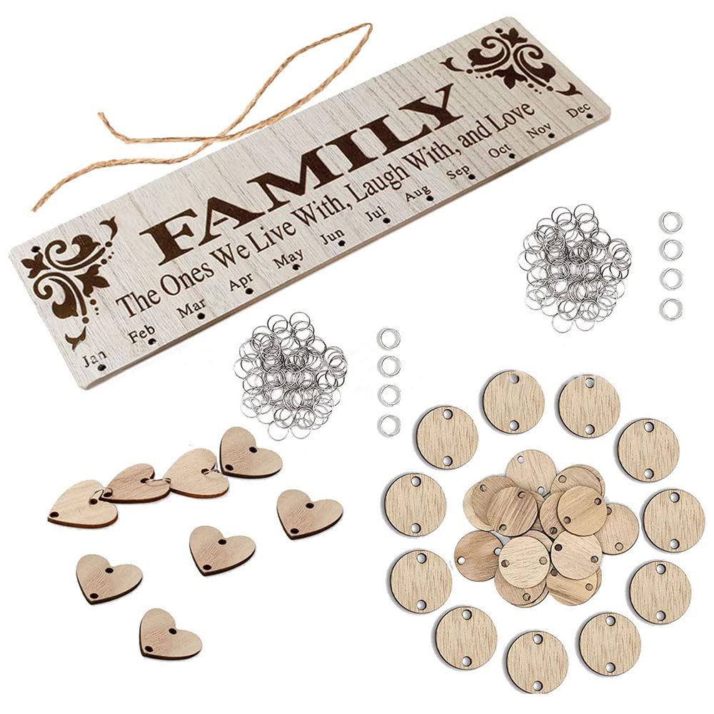 Wall Calendar 2024, Wooden Family Planner Hanging Board, DIY Date Chart Reminder, Handmade Ornaments for Anniversaries Gift Home Office Decor (100Pcs Heart & Disc Shape)