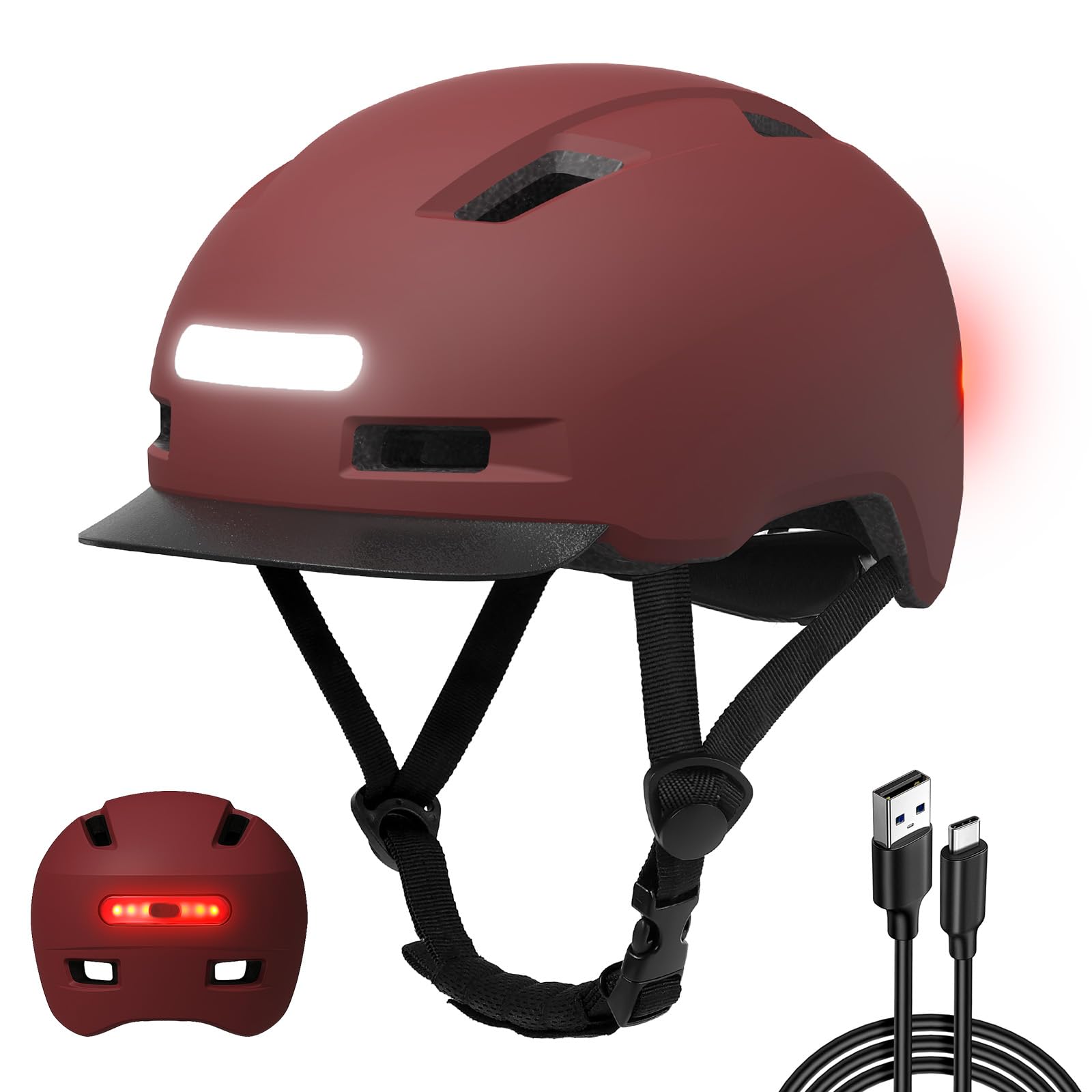 Shinmax Casco Bicicleta Mujer Hombre, Casco Bicicleta con Luz 5 Modos, USB Casco Bicicleta con Visera, Casco Bicicleta Adulto,Cascos Bicicleta Montaña, Casco Patinete Electrico Adulto para Viajeros